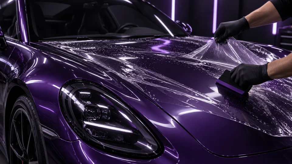 Promotional visual of clear paint protection film being applied to a purple car