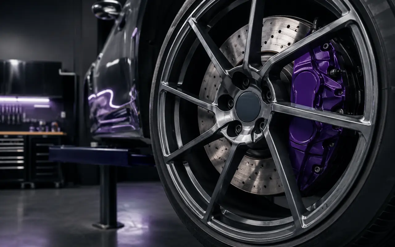 Illustration of a painted performance brake caliper behind an alloy wheel