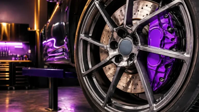 Illustrative concept of a violet-painted brake caliper behind a black alloy wheel