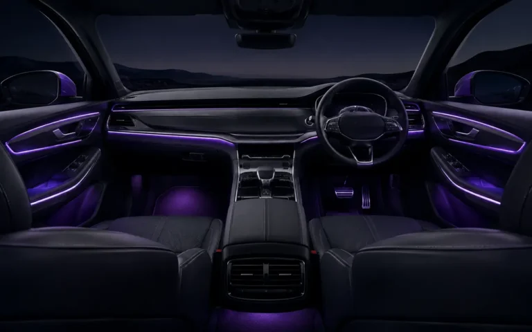 Illustration of purple ambient lighting across a car dashboard, doors and footwells