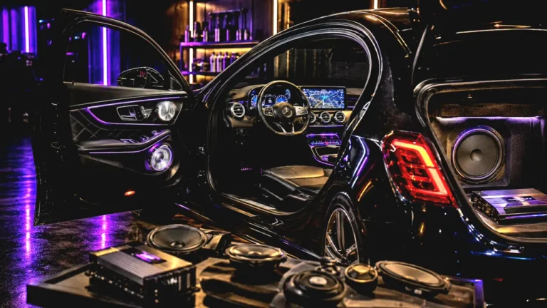 Illustration of an in-car audio and navigation upgrade with speakers and dashboard display
