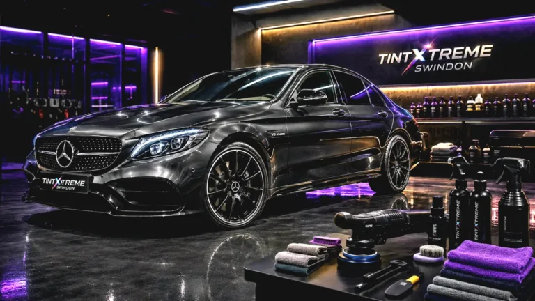 Illustration of a polished black car with detailing equipment