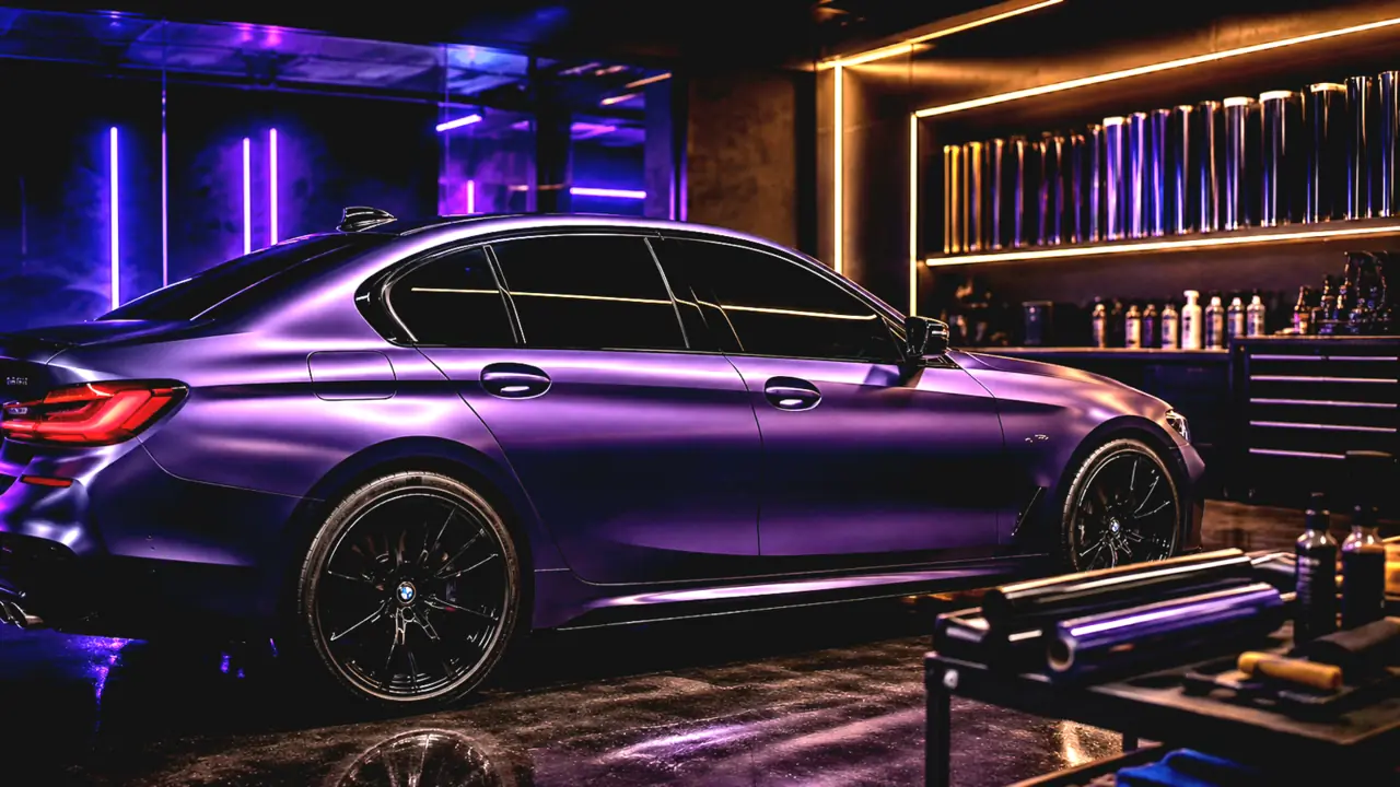 Illustration of a purple car with tinted windows at an automotive workshop