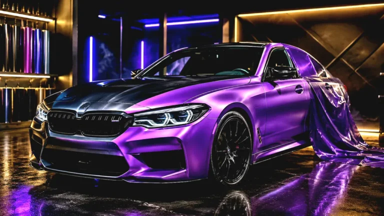 Illustration of a purple car being vinyl wrapped in an automotive workshop