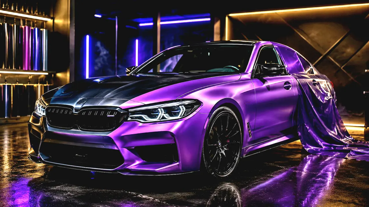 Illustration of a purple car being vinyl wrapped in an automotive workshop