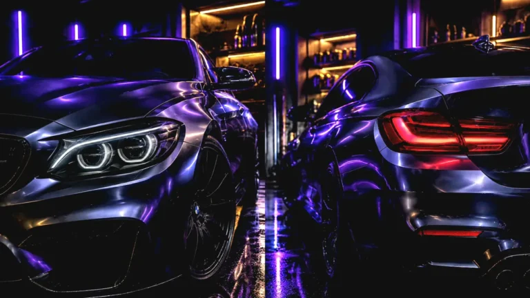 Illustration of smoked headlight and taillight finishes on a purple car