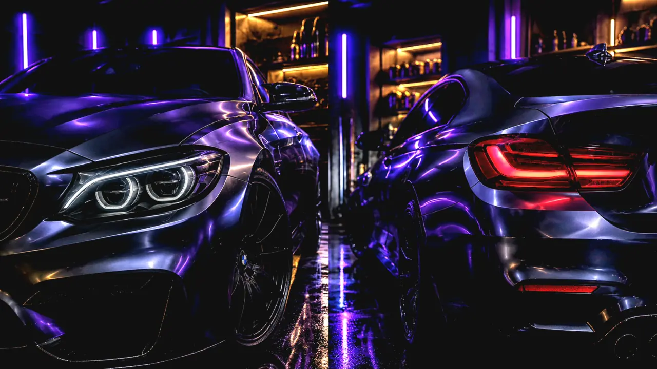 Illustration of smoked headlight and taillight finishes on a purple car