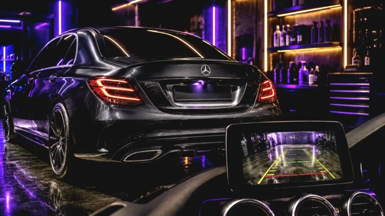 Illustration of a rear-view camera display with parking guidelines inside a car