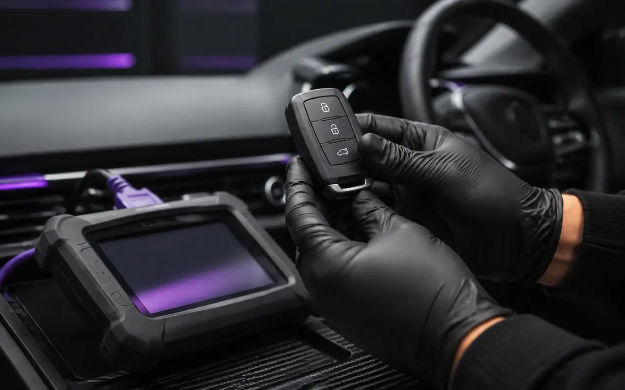 Illustration of a modern vehicle smart key beside a car interior