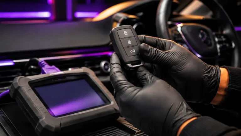 Illustrative concept of a technician programming a replacement smart car key