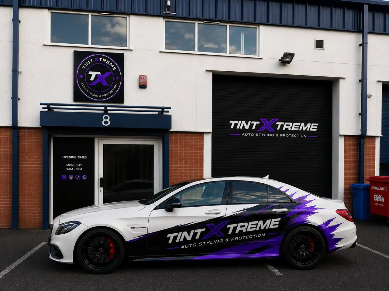 Illustration of a Tint Xtreme-branded vehicle outside the Swindon workshop